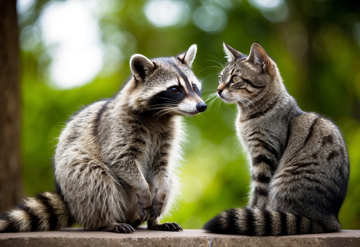 A raccoon and a cat sitting side by side, looking at each other curiously