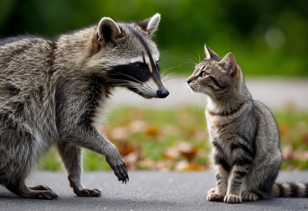 A raccoon and a cat standing side by side, examining each other with curiosity