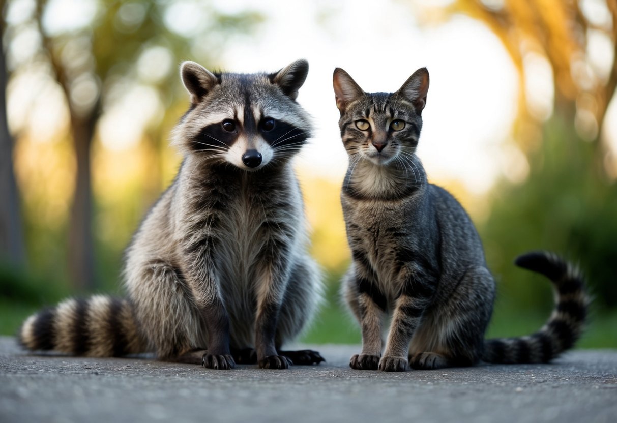 A raccoon and a cat sitting side by side, both with their tails curled around their bodies. The raccoon has a mask-like pattern on its face, while the cat has pointed ears and a sleeker body