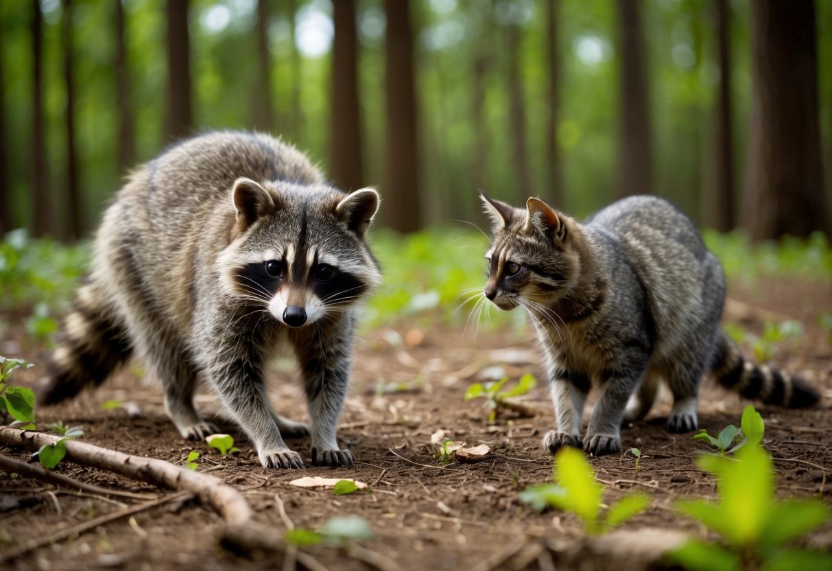 A raccoon and a cat foraging for food in a forest clearing, both displaying similar behaviors and environmental adaptations
