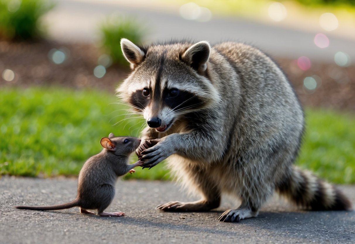 A raccoon catches a live rat in its paws, ready to eat