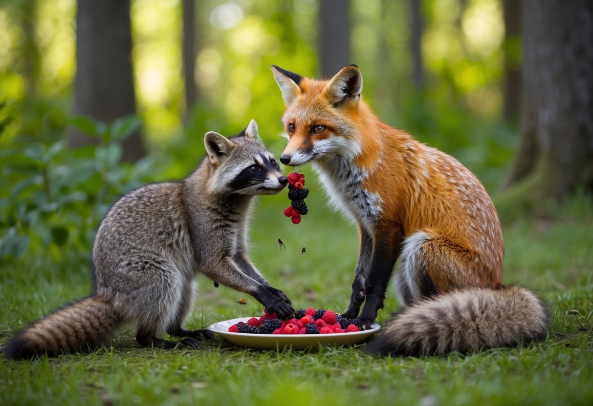 A fox and a raccoon peacefully sharing a meal of berries and insects in a lush forest clearing