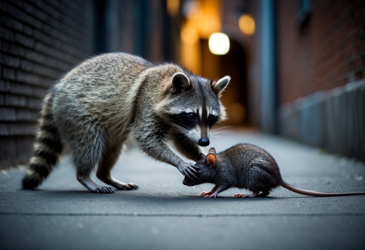 A raccoon pounces on a live rat in a dimly lit alleyway