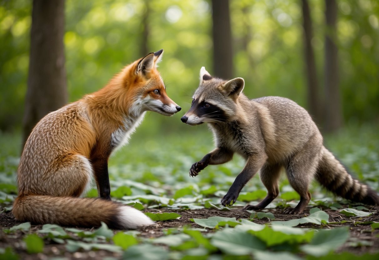 A fox and a raccoon sit side by side, sniffing each other cautiously. Their eyes meet, and they tentatively begin to play, chasing each other around a leafy forest clearing