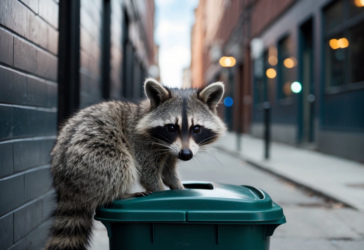 A raccoon in a city alley, peering into a trash can
