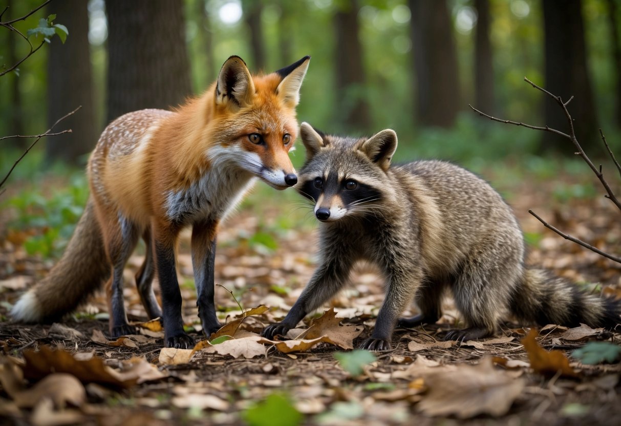 A fox and a raccoon peacefully sharing a clearing in the woods, both foraging for food among the fallen leaves and branches