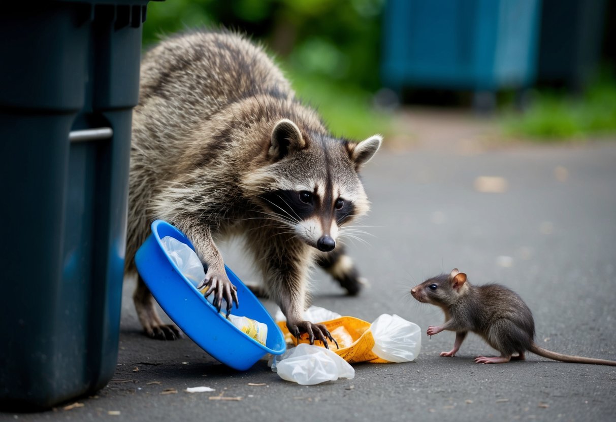 A raccoon scavenges through a trash can, its sharp claws digging into the plastic as it searches for food. A live rat scurries nearby, but the raccoon seems more interested in the discarded scraps