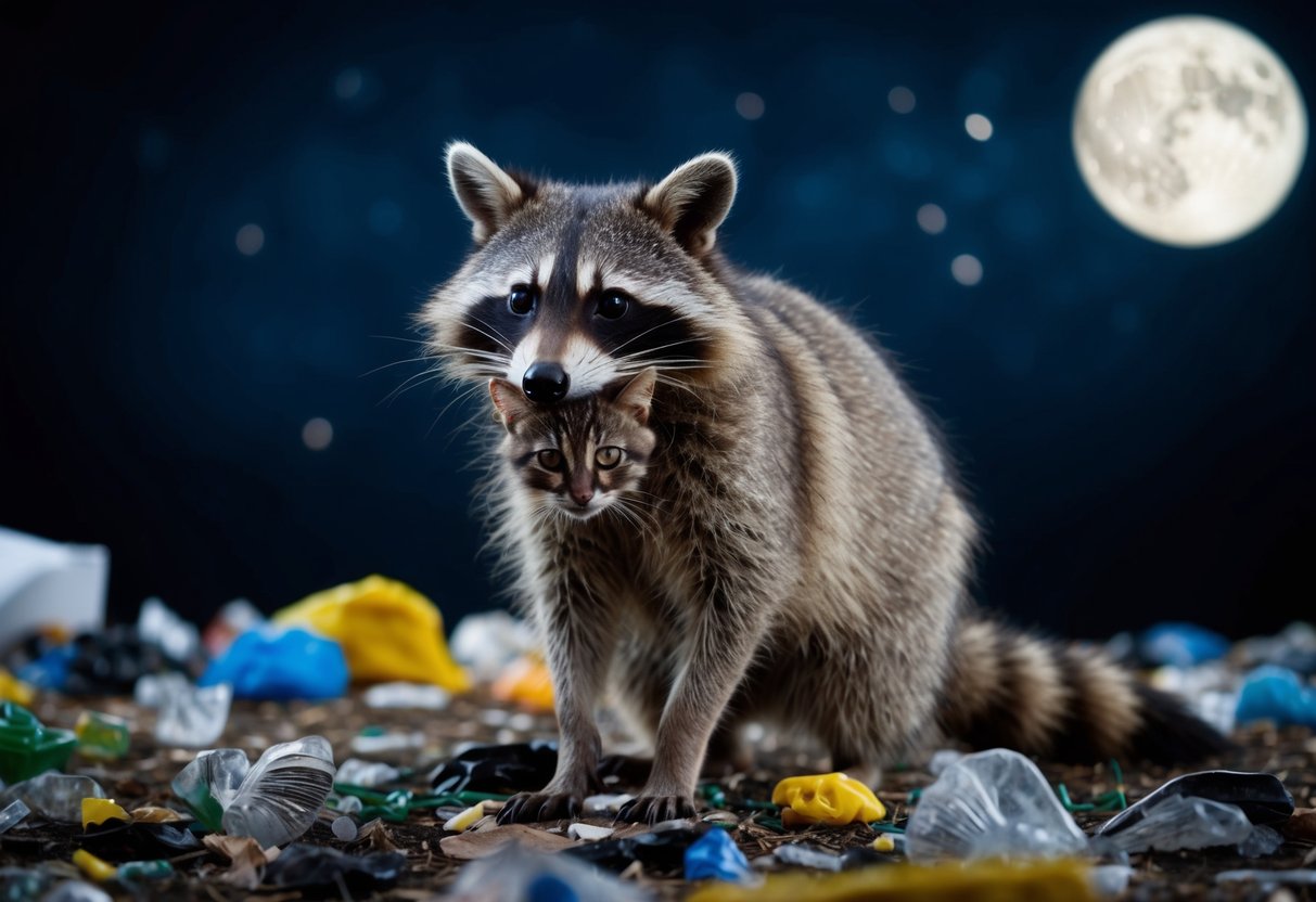 A raccoon with a small cat in its mouth, surrounded by scattered trash and a dark, moonlit backdrop