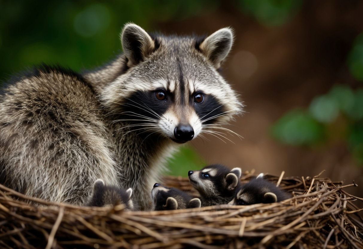 A raccoon with a mischievous glint in its eye, peering into a nest of baby animals