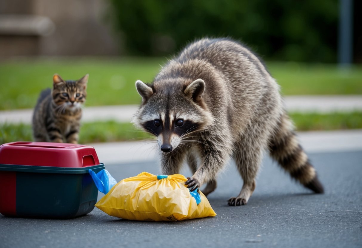 A raccoon is seen scavenging through a trash can, with a small cat cautiously watching from a distance
