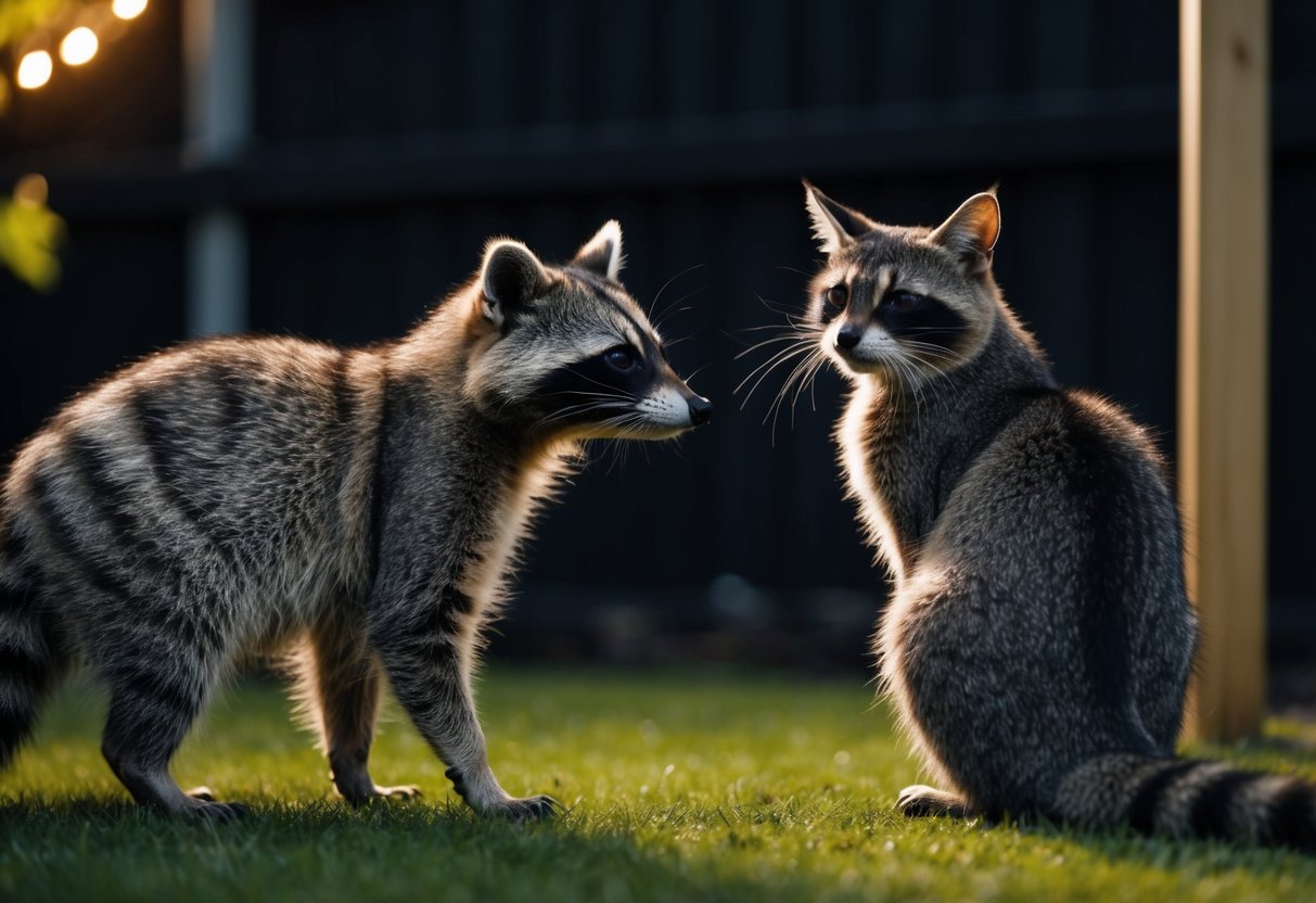 A raccoon and a cat face off in a dimly lit backyard, the raccoon eyeing the cat cautiously while the cat arches its back defensively
