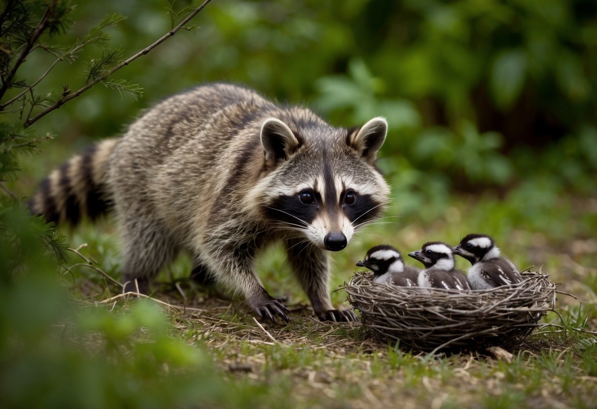 A raccoon sneaks through the underbrush, eyeing a nest of baby birds with hunger in its eyes