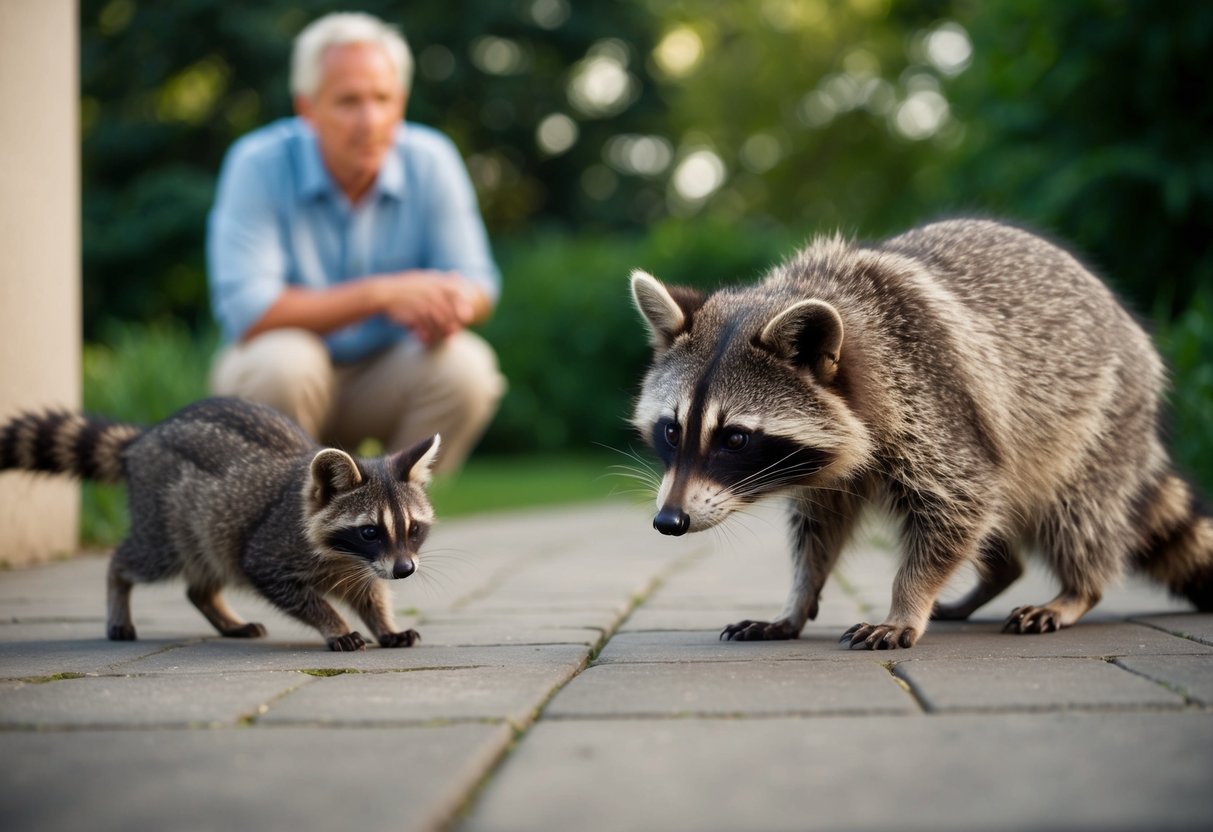 A raccoon lurking near a small cat, with a concerned owner watching from a distance