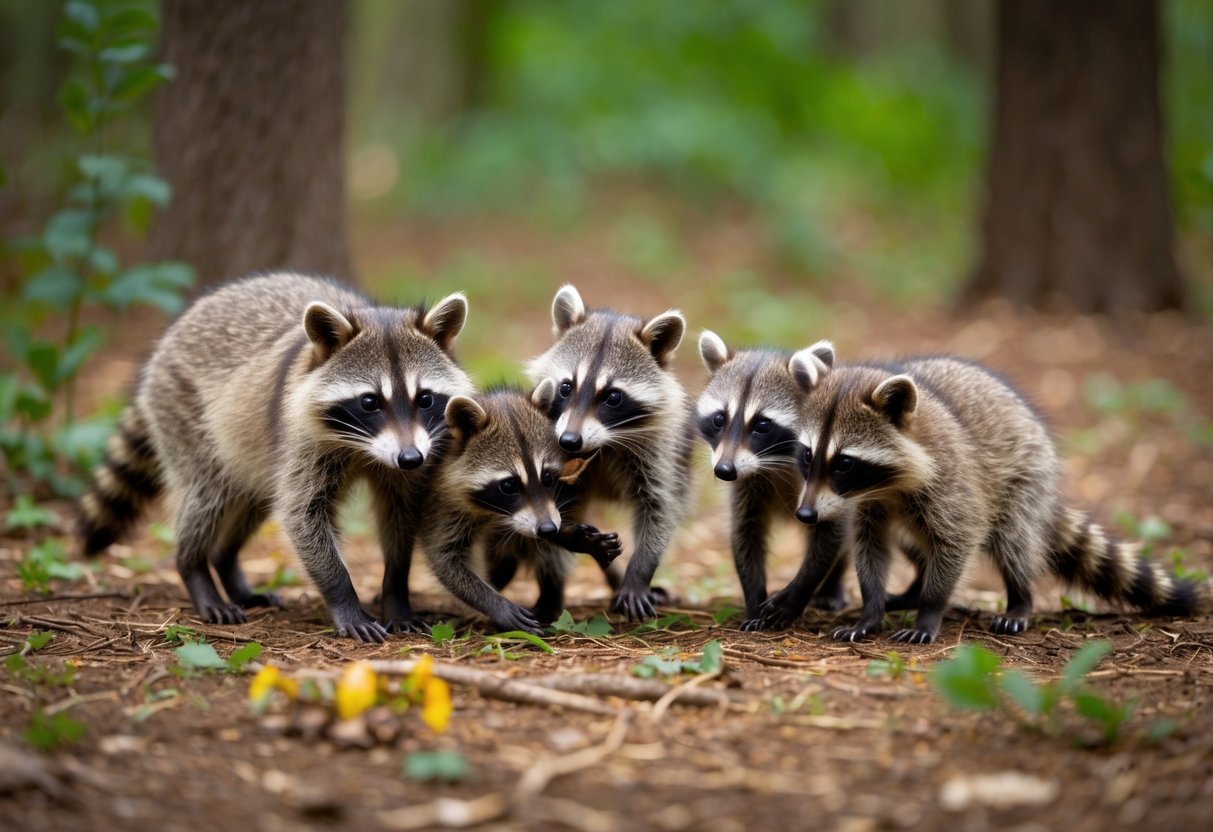 A family of baby raccoons exploring their woodland habitat, foraging for food and playfully interacting with each other