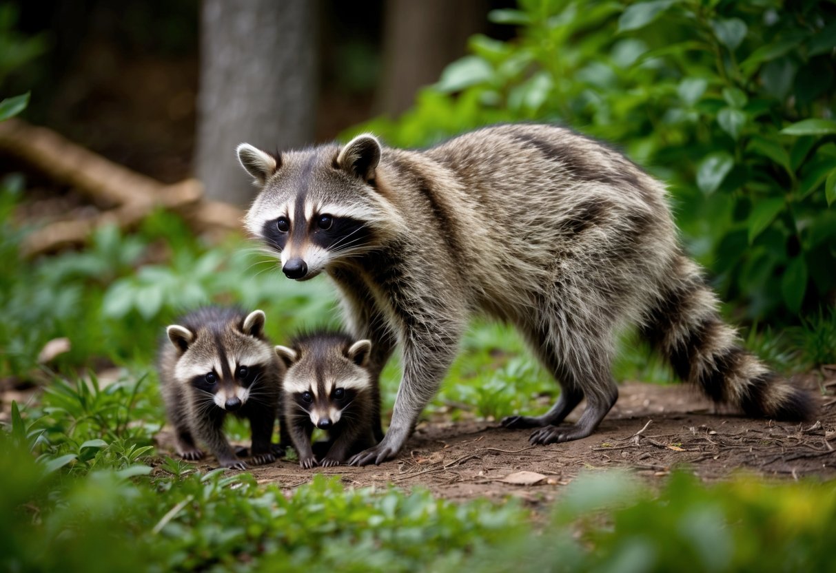 A mother raccoon stands guard as her babies play near a den, surrounded by lush greenery and various woodland creatures