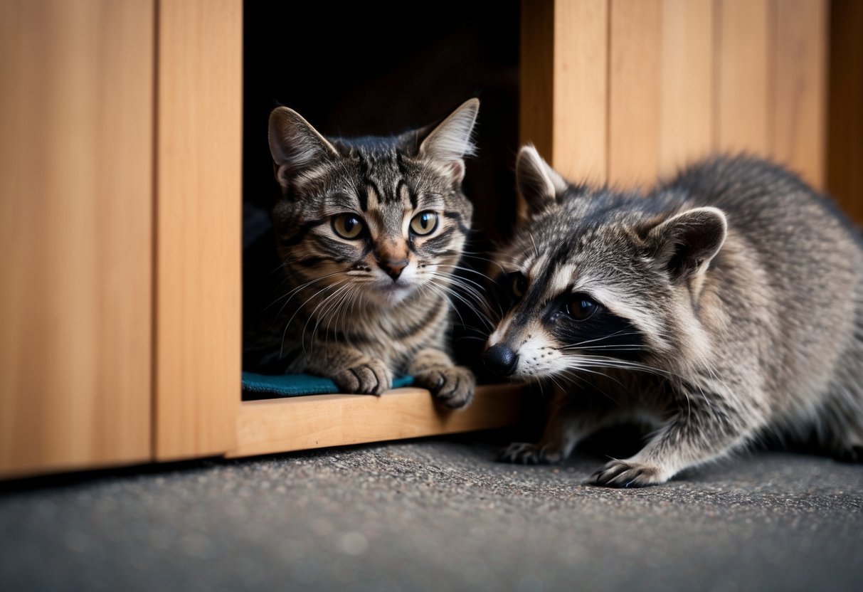 A small cat cautiously peers out from a cozy hiding spot while a raccoon lurks nearby, eyeing the cat with curiosity