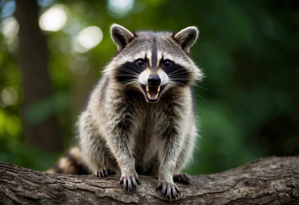 A raccoon bares its teeth, poised to attack