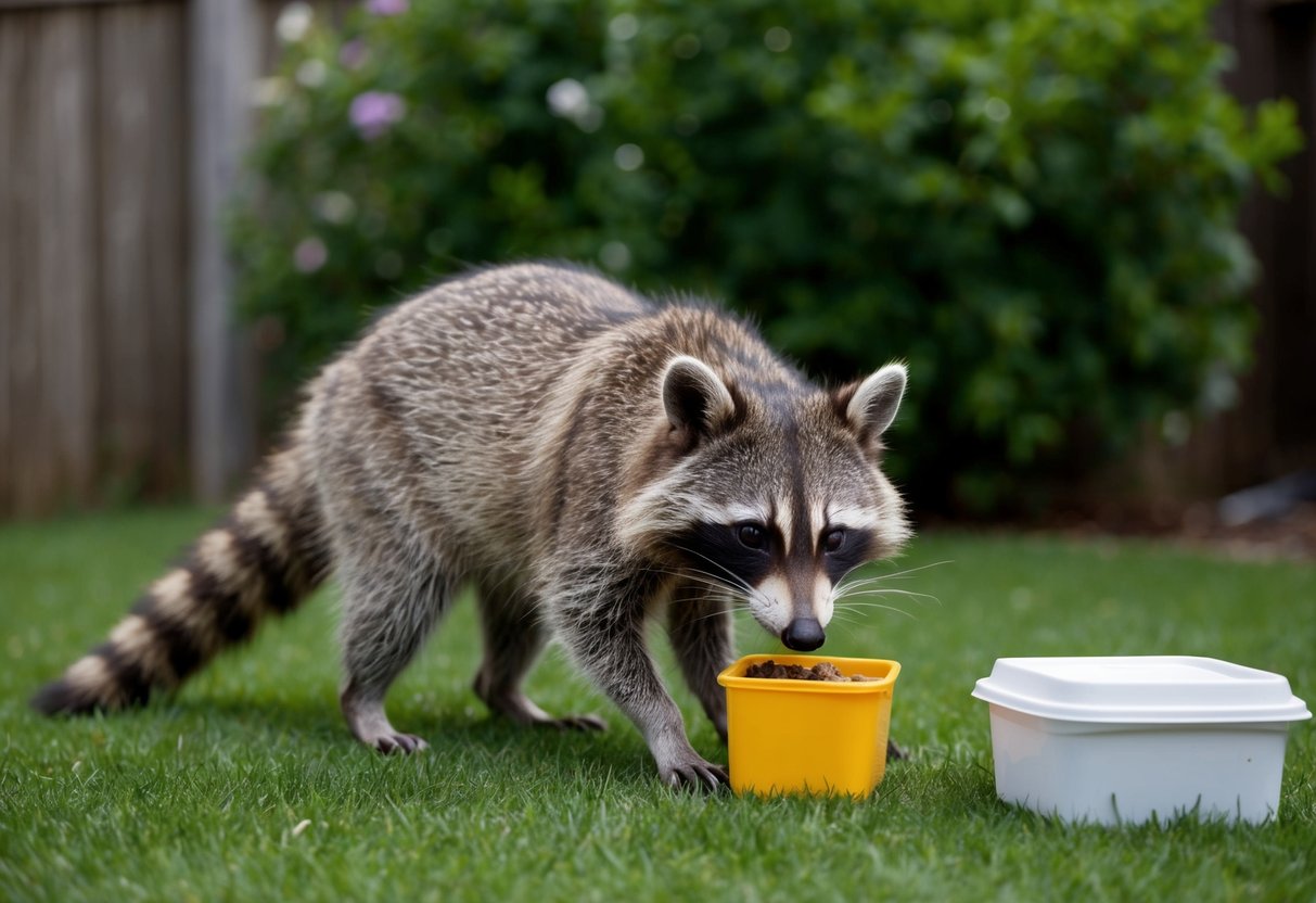 A raccoon cautiously approaches a suburban backyard, sniffing at a discarded food container while keeping a watchful eye on the surrounding area