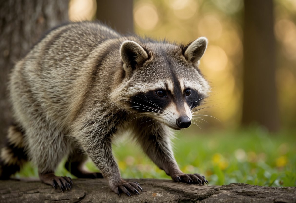 A raccoon cautiously approaches with a wary expression, its body tense and ears alert