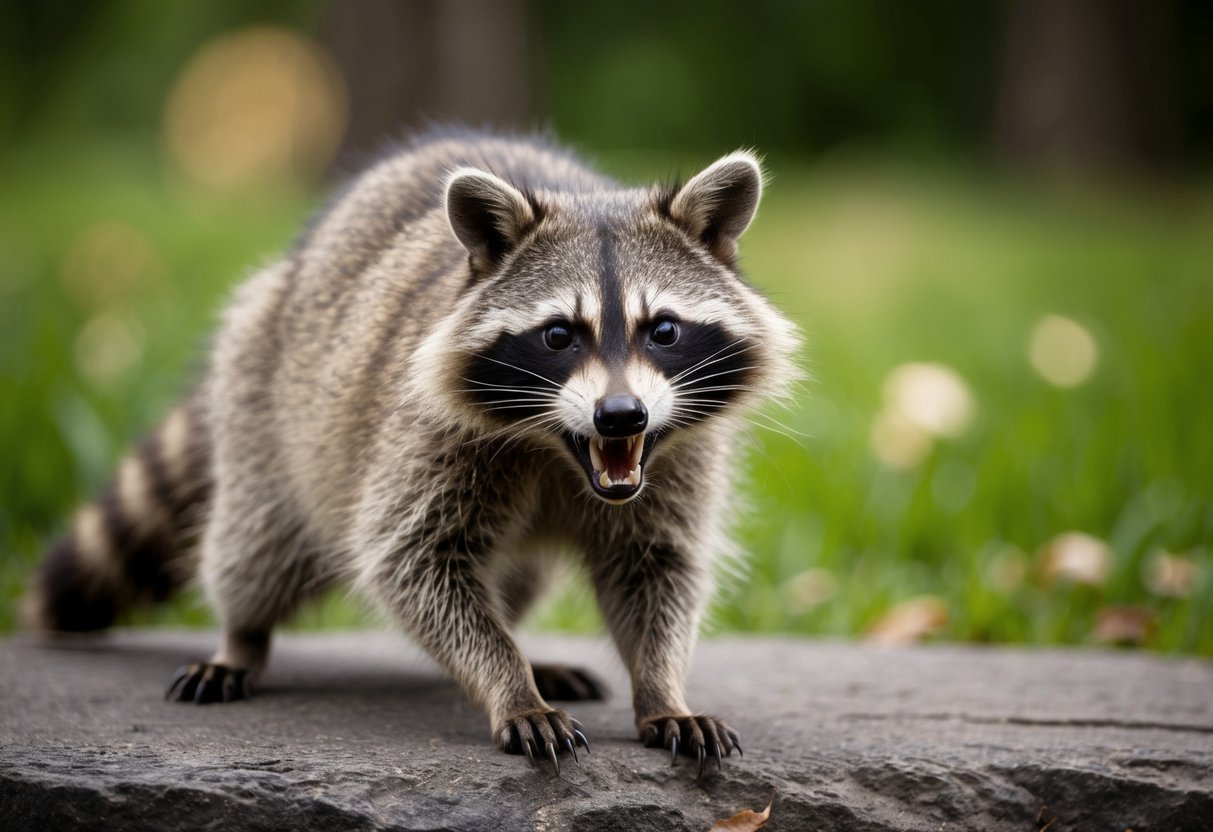 A raccoon bares its teeth and lunges forward, ready to bite