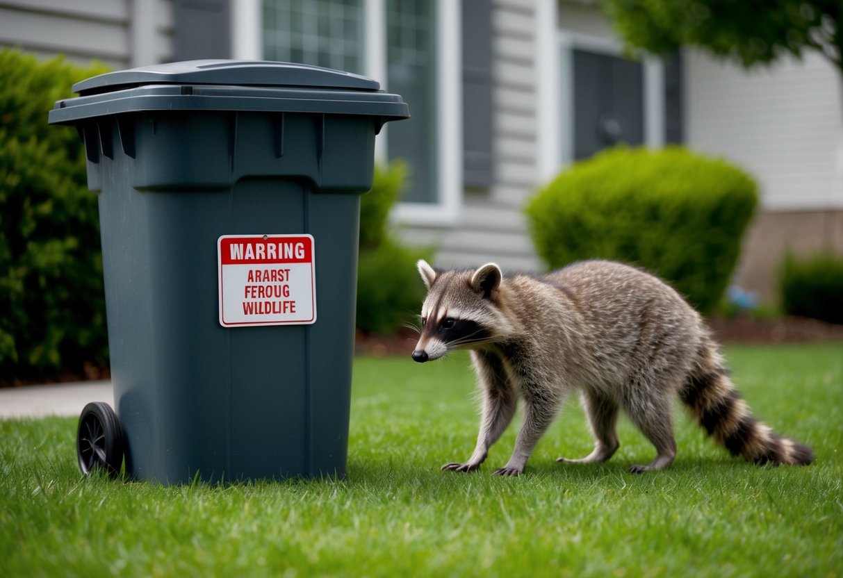 A raccoon cautiously approaches a suburban backyard, eyeing a trash can. Nearby, a human-made sign warns against feeding wildlife