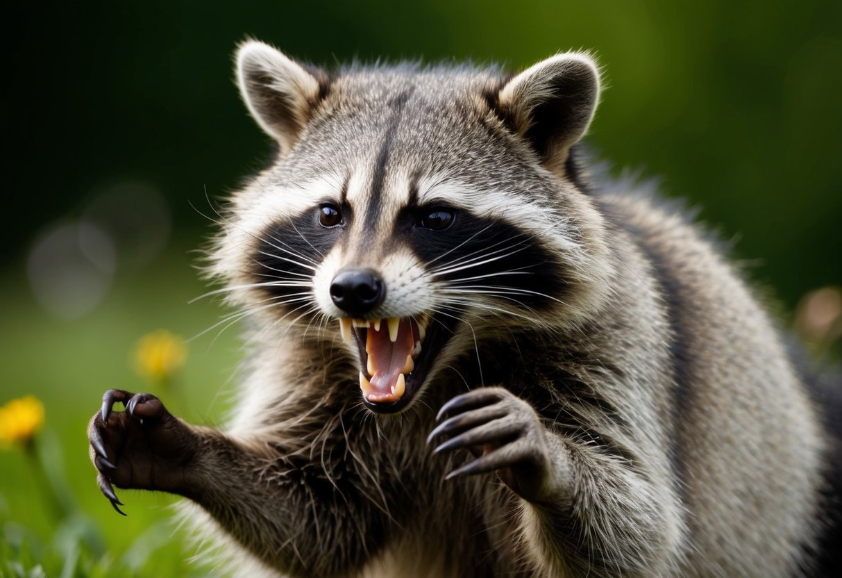 A raccoon bares its teeth and claws, snarling with raised fur