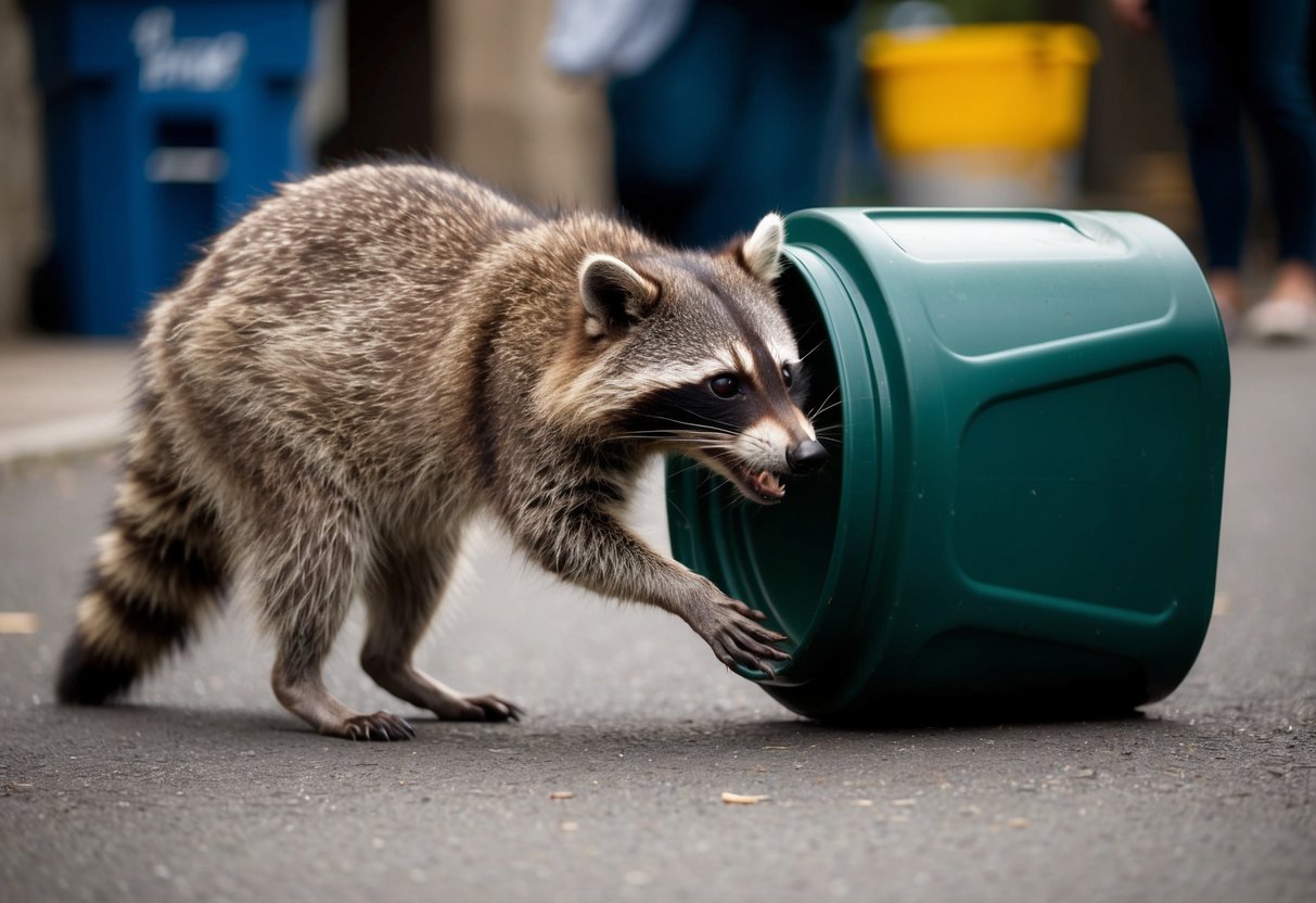 A raccoon cautiously approaches a trash can, sniffing the air with its nose twitching. Its sharp teeth are visible as it looks for food