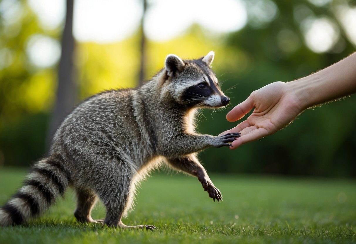 A raccoon cautiously approaches a human's outstretched hand