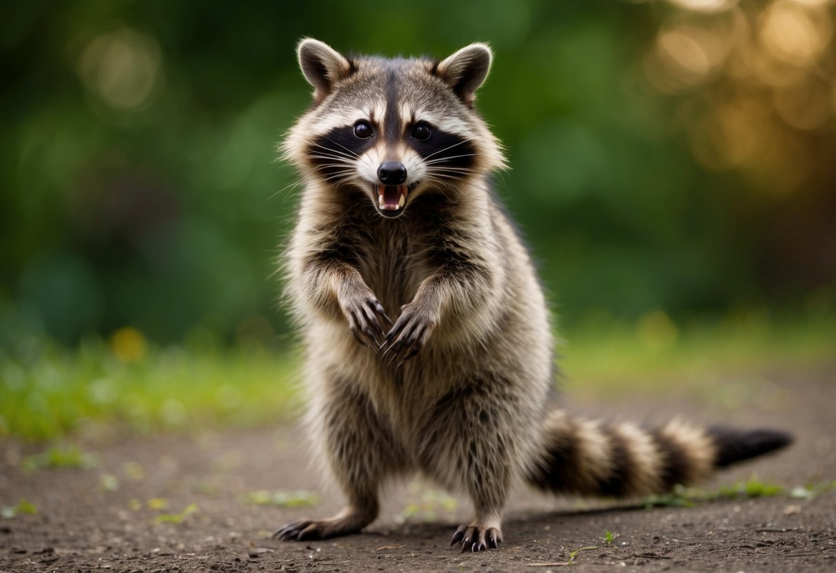 A raccoon bares its teeth and claws, standing on its hind legs, ready to attack