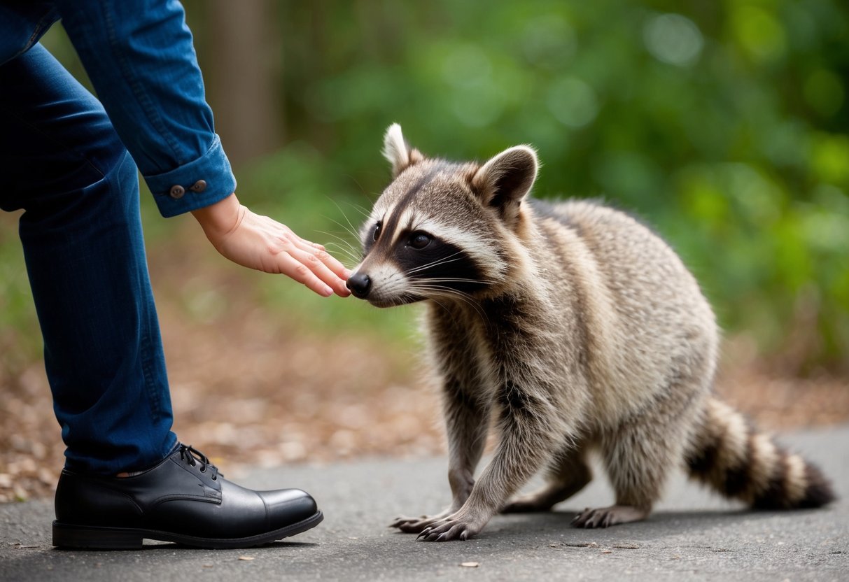 A raccoon cautiously approaches a person, sniffing their outstretched hand. The person refrains from touching the raccoon, respecting its wild nature