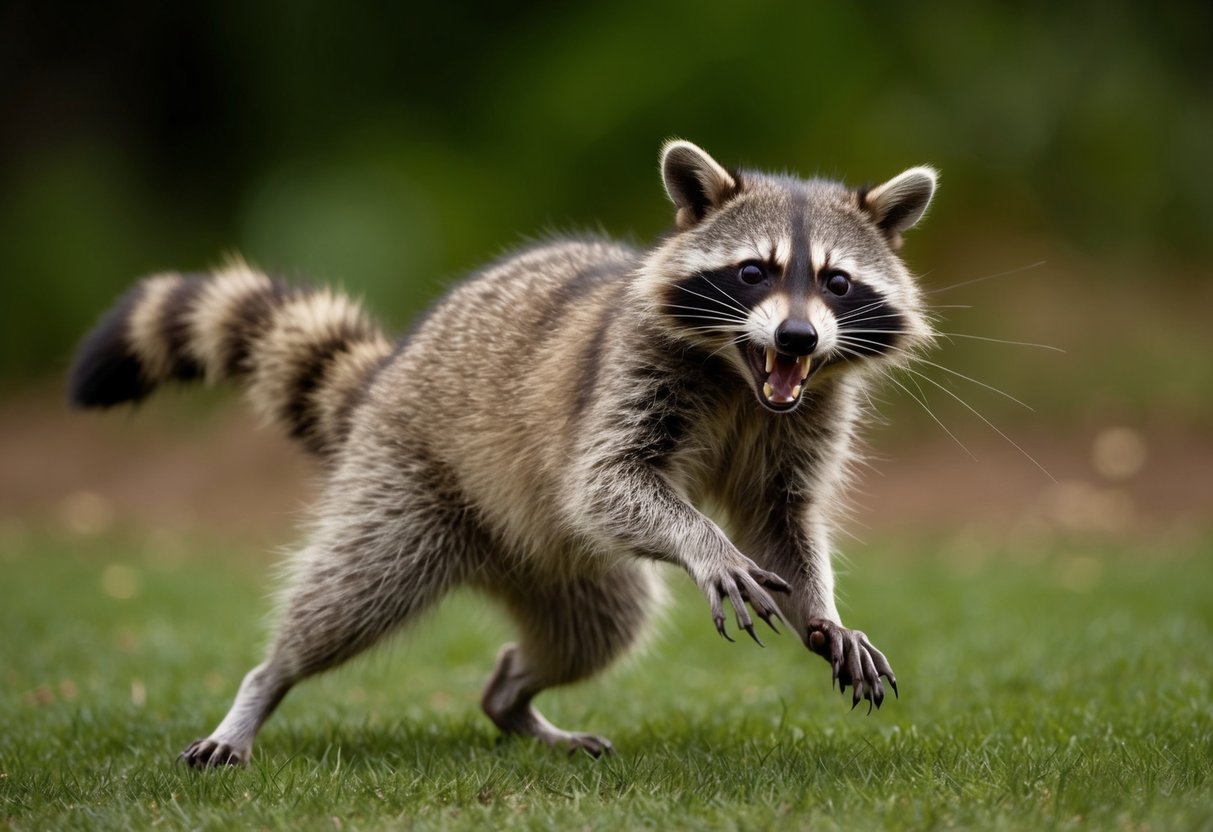 A raccoon lunges with bared teeth, claws extended, as the victim recoils in fear