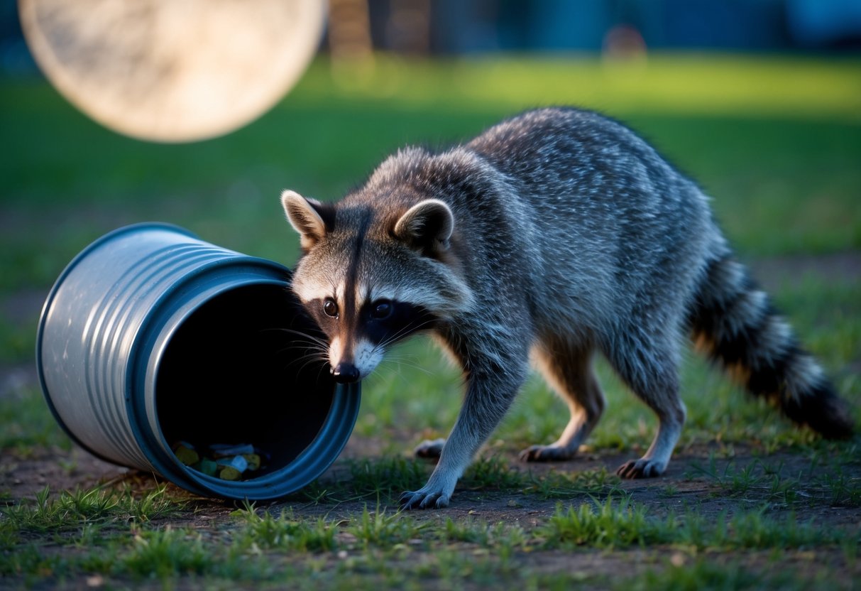 A raccoon cautiously approaches a discarded trash can, sniffing the air for food. Its masked face and ringed tail are illuminated by the moonlight