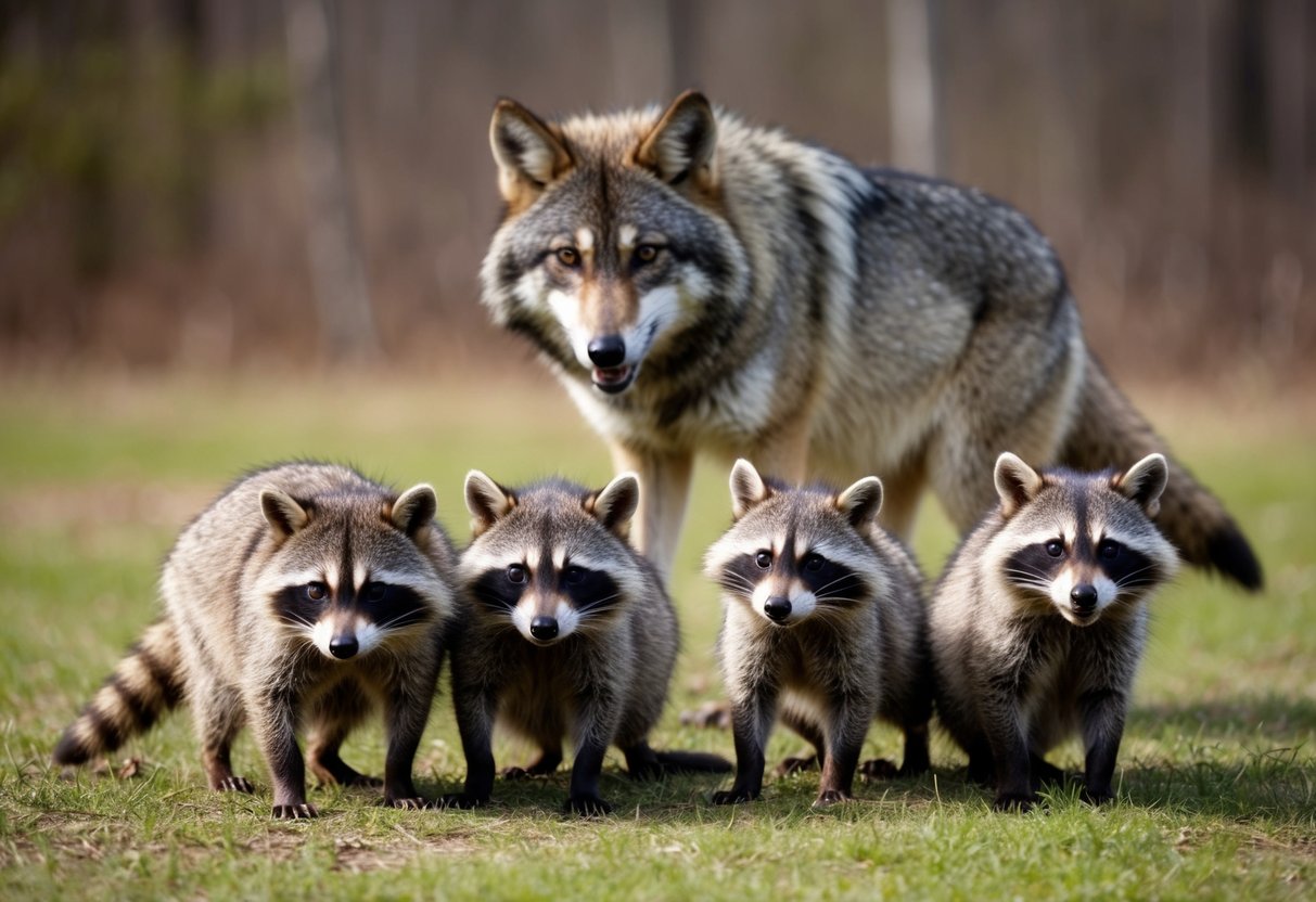 A group of raccoons cower in fear as a large, imposing wolf looms in the background