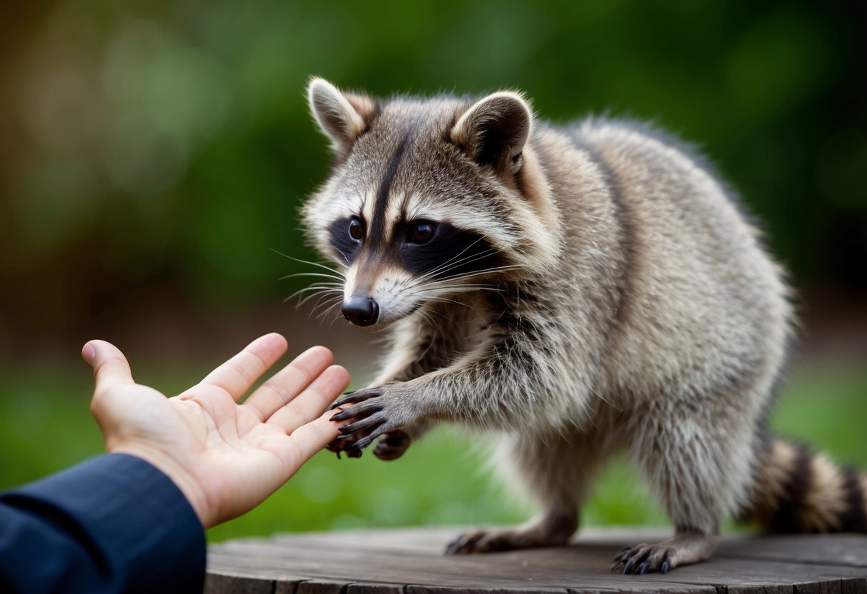 A raccoon cautiously approaching a outstretched hand for a pet