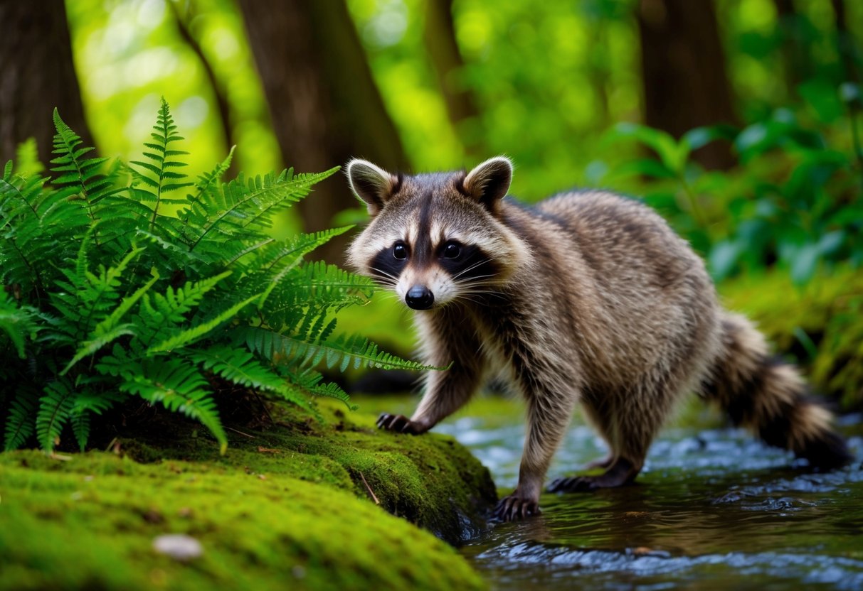 A raccoon cautiously approaches a stream in a lush forest, its masked face peering out from behind a cluster of ferns