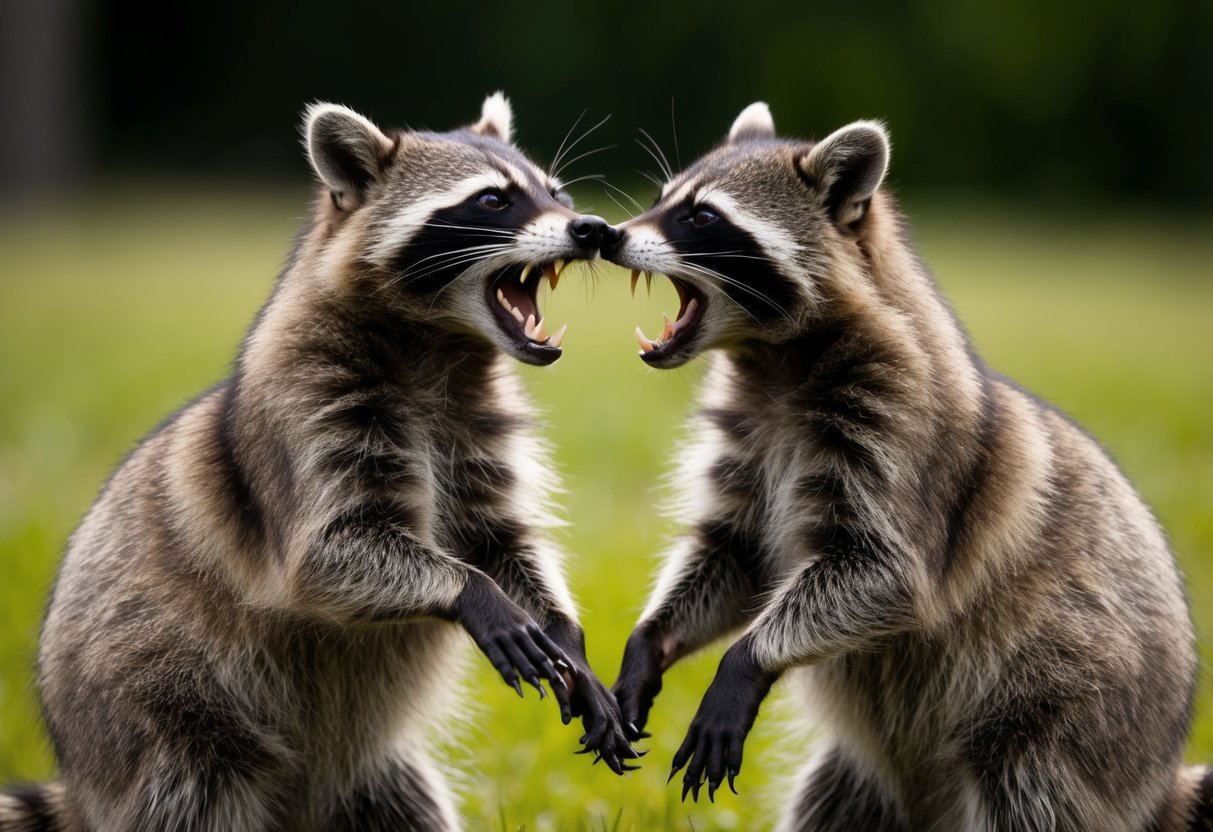 Two raccoons face off, baring their teeth and raising their fur. They stand on their hind legs, ready to engage in an aggressive encounter