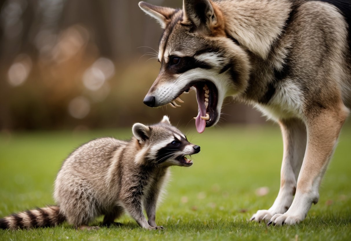 A raccoon cowers as a large dog bares its teeth, growling