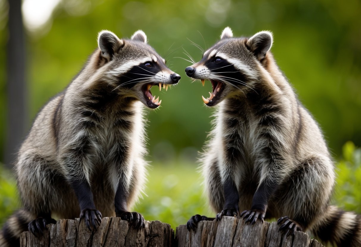 Two raccoons facing off, growling and baring their teeth, with raised fur and aggressive body language