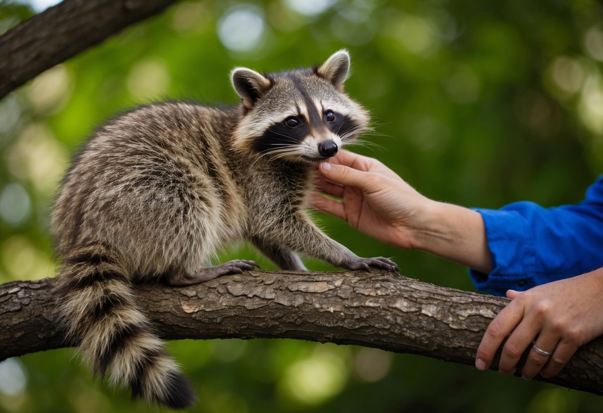A raccoon lounging on a tree branch, being petted by a person's hand