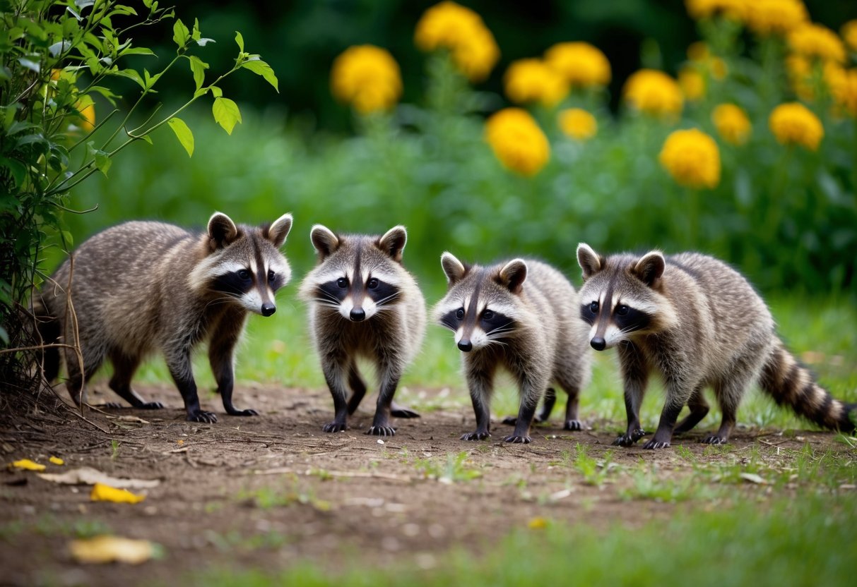 A group of raccoons cautiously avoid an area surrounded by natural deterrents such as strong-smelling plants and loud, unfamiliar sounds