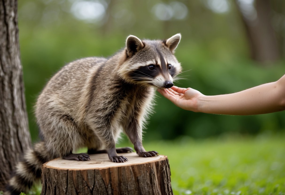 A raccoon sitting on a tree stump, looking curious as a person reaches out to pet it
