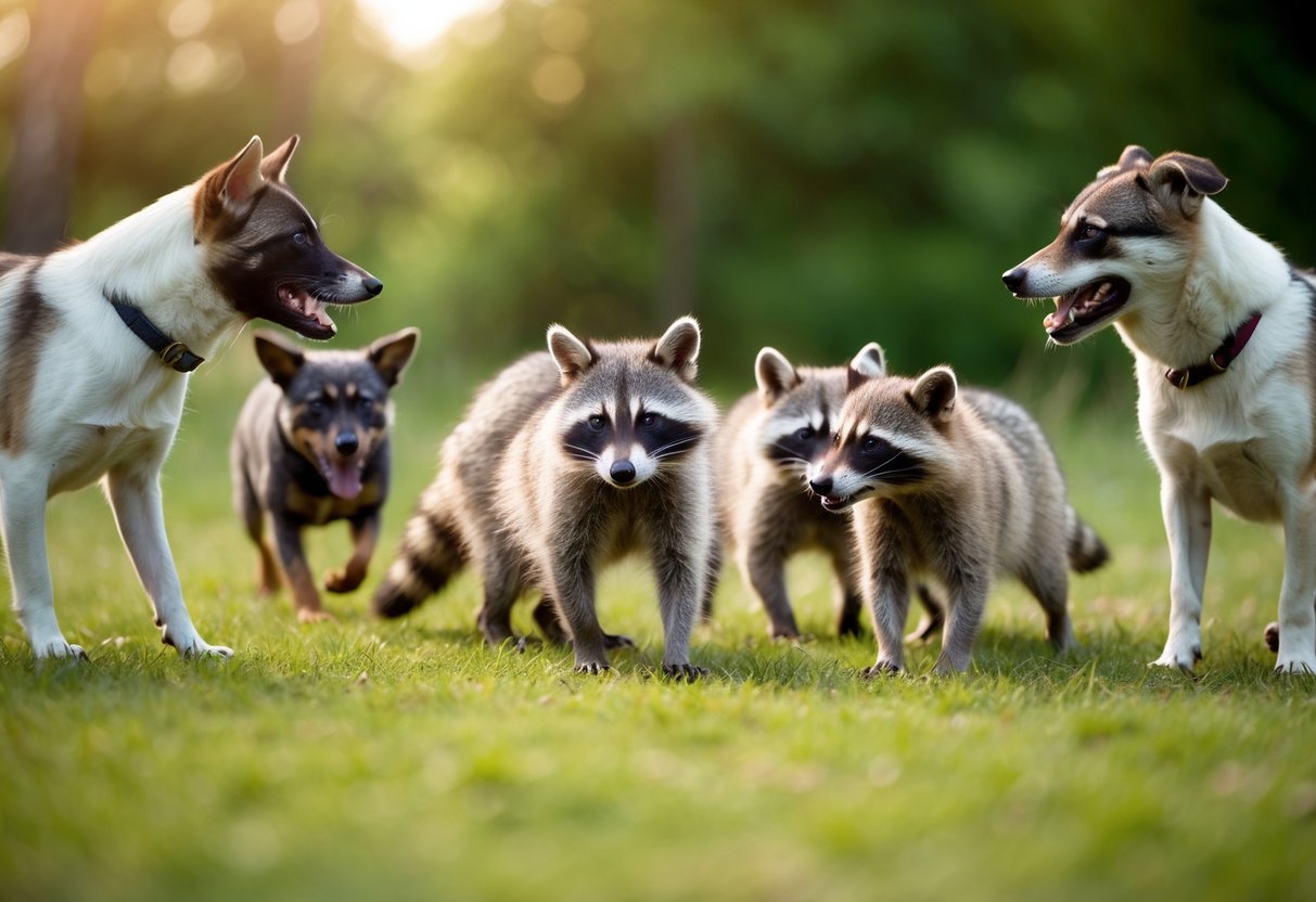 A group of raccoons cautiously avoiding a pack of barking dogs