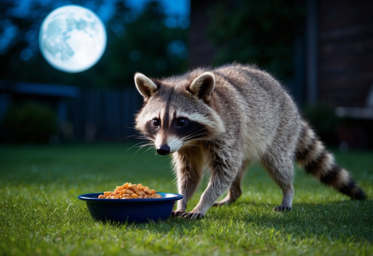 A raccoon cautiously approaches a bowl of food left out in a backyard, its masked face and ringed tail visible in the moonlight