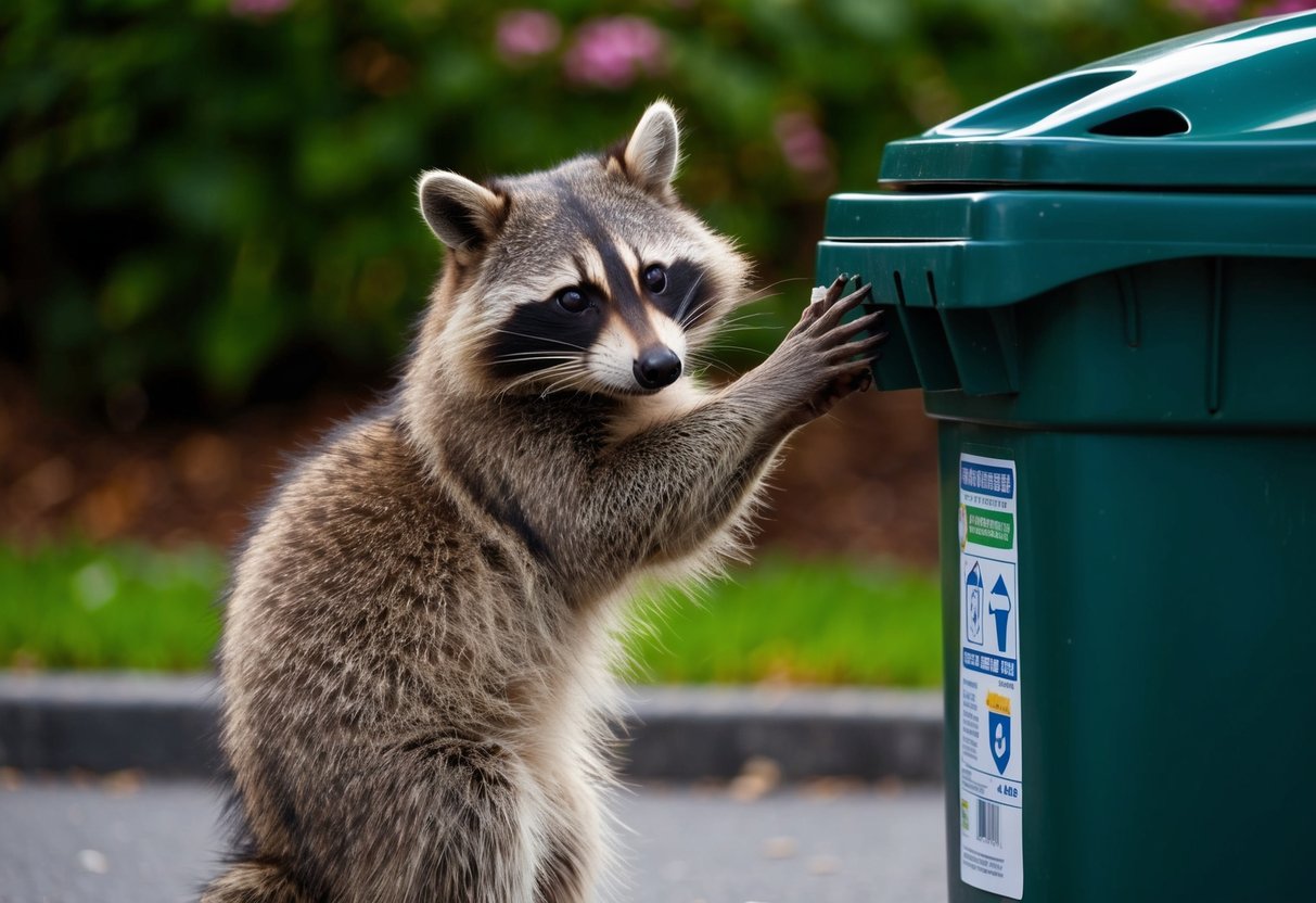 A raccoon balancing on its hind legs, using its front paws to manipulate a complex latch on a garbage bin, while its masked face peers curiously at the contents inside