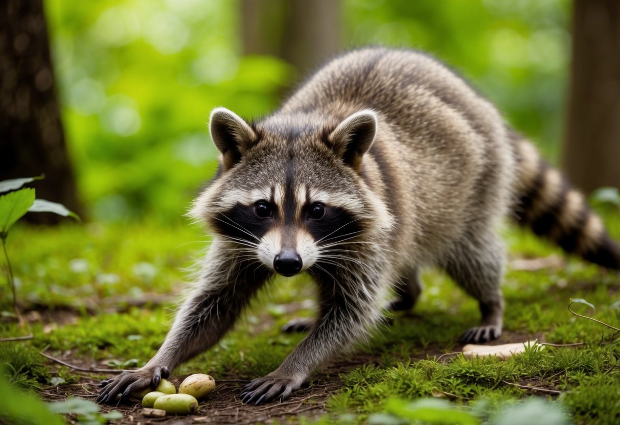 A raccoon foraging for food in a lush forest, its nimble paws and masked face capturing its intelligent and curious nature