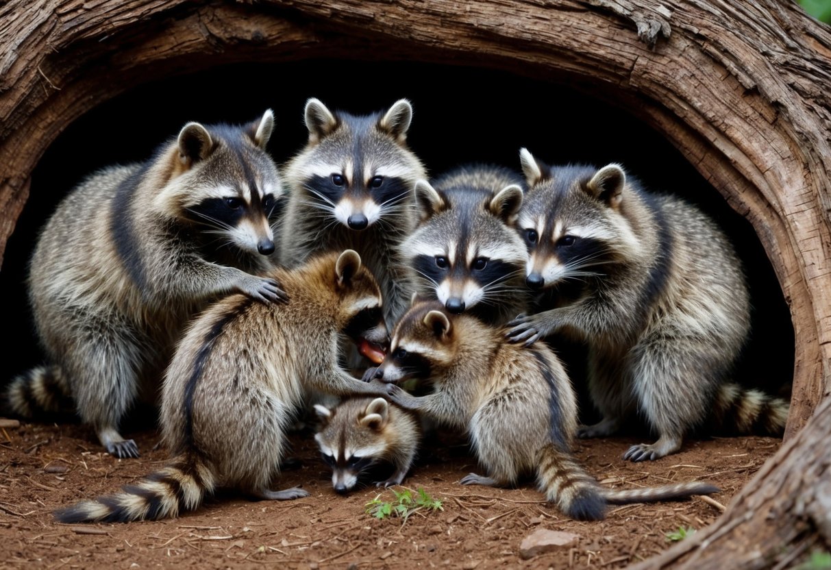 A group of raccoons engaging in complex social behavior, such as grooming each other and sharing food, while a mother raccoon cares for her young in a den