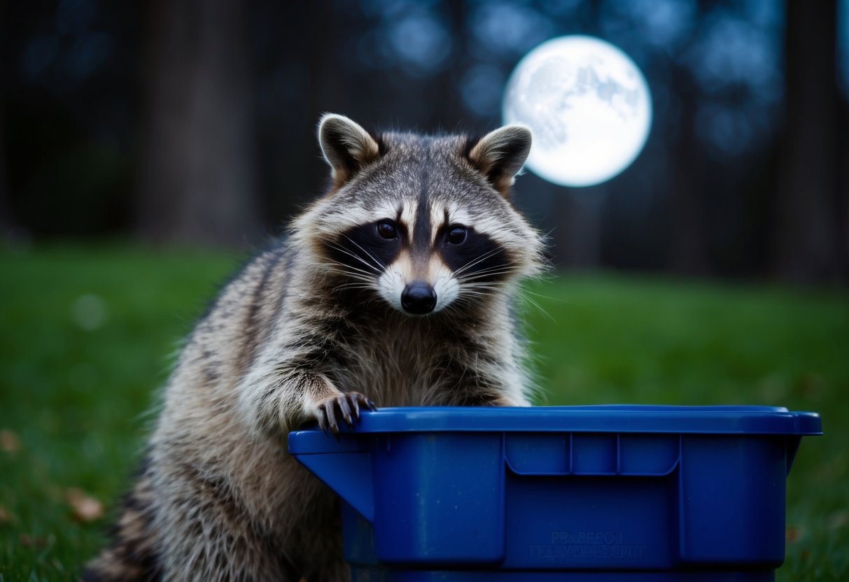 A raccoon rummages through a garbage can, its masked face illuminated by the moonlight