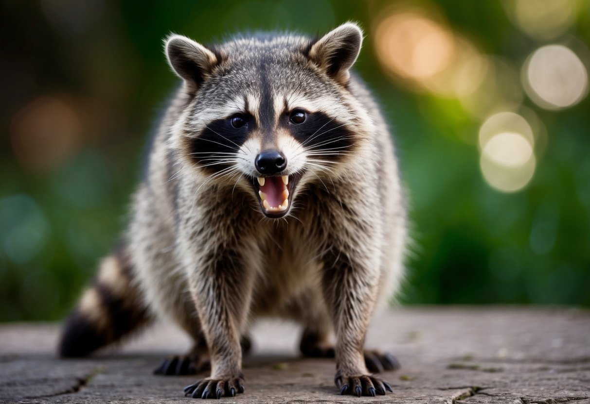 A raccoon with foaming mouth, aggressive stance, and visible bite marks