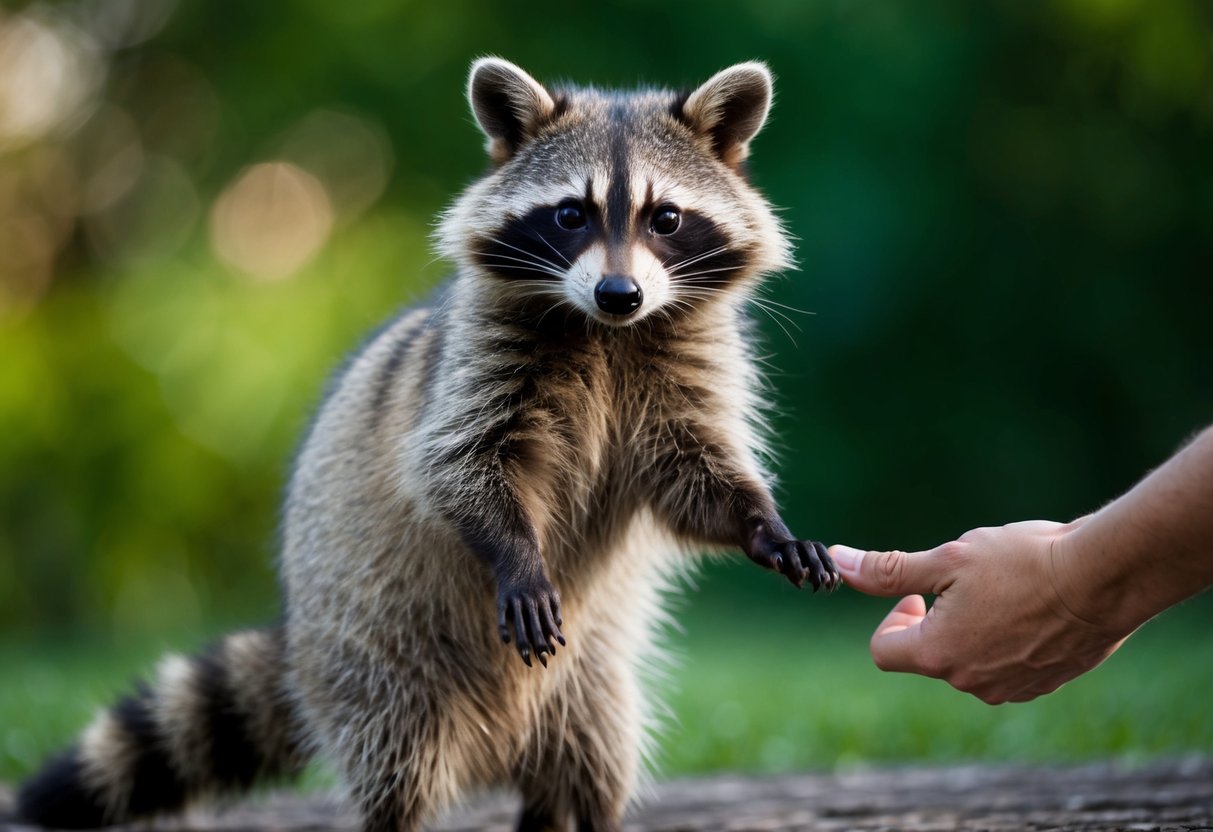A raccoon standing on hind legs, with a concerned expression, and a person's hand reaching out to touch it