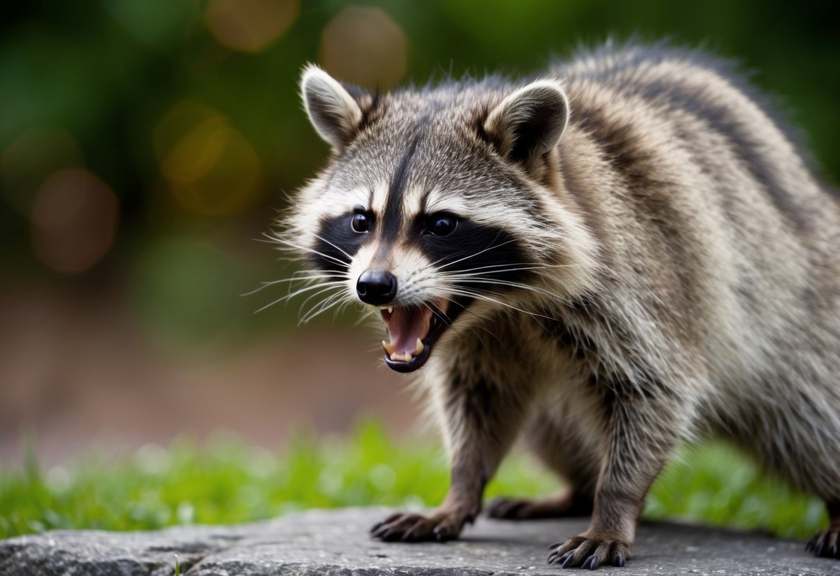 A raccoon with foaming mouth, aggressive stance, and disheveled fur